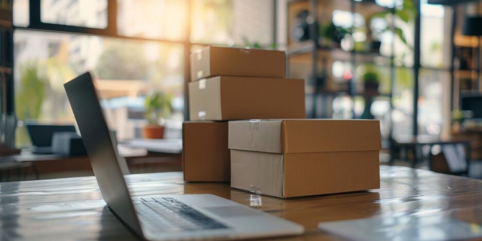 A pile of packages and a computer sit on a desk