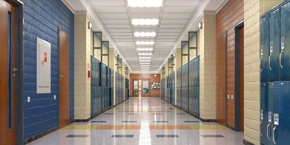School corridor with lockers. 3d illustration