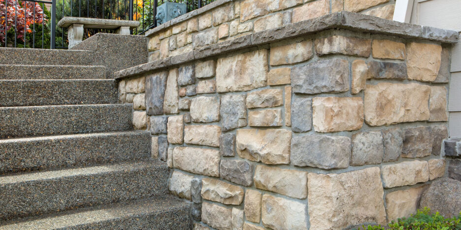 Cultured stone work on front of house in suburban residential neighborhood